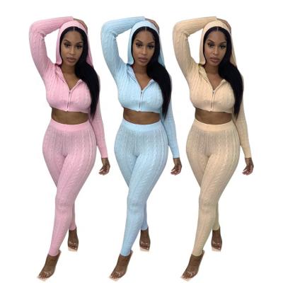 China 2021 Autumn Winter Solid Color Zipper Sweater Bodycon Streetwear QUICK DRY Hooded Sportswear 2 Pieces Set Women for sale