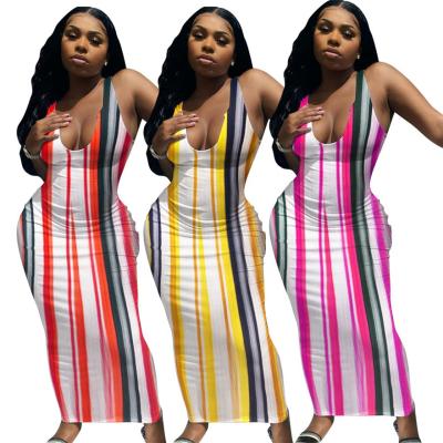 China 2021 Summer Fashion Long Maxi Dress Streetwear Ladies Sleeveless One-piece Striped Women's Clothing Anti-Static Dresses for sale