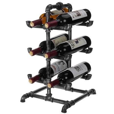 China Pipeline 6 Bottle Metal Industrial Black Pipe Wine Table Rack for sale