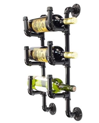 China Home Decoration Vintage Metal Iron Wine Rack Water Pipe Wall Mounted Wine Bottle Holder for sale