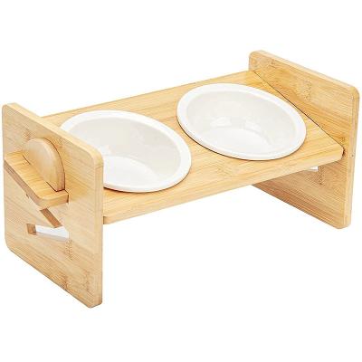 China Sustainable Natural Wood Bamboo Pet Raised Bowls Rack Adjustable Dog Bowl Holder for sale