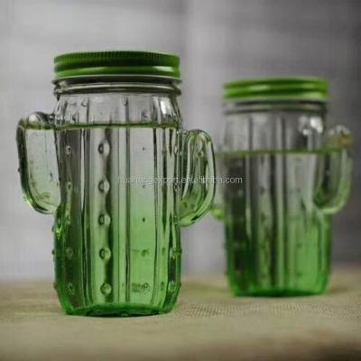 China Viable Plant Green Color 450ml Cactus Wholesale Glass Mason Jar With Straw for sale