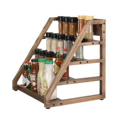 China Sustainable Rustic Brown Wood Spice Rack 4 Tier Seasoning Jars Condiment Rack Display Rack For Countertop for sale