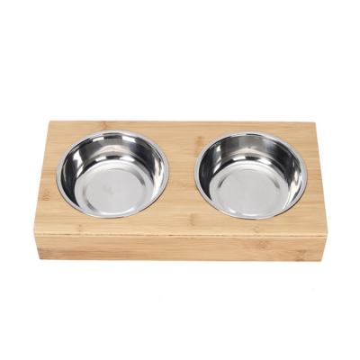 China Factory direct stand 2 stainless steel wooden bowl functional bamboo dog cat dinner table removable feeder for sale