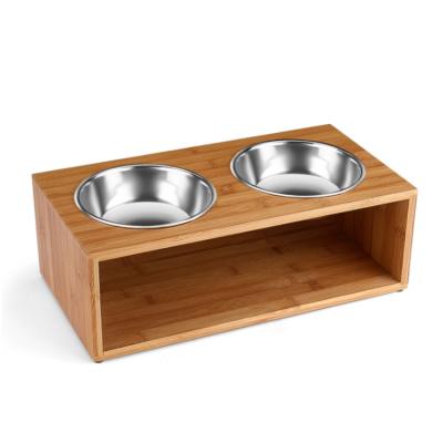 China Viable Wholesale Dog Food Drinking Water Double Bowls Bamboo Wooden Pet Feeder for sale