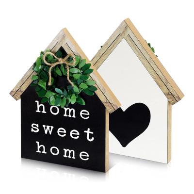 China Handmade Wholesale 2 Sides Free Standing Wooden Home Shape Sign Quality Printing Home Hanging Decor for sale