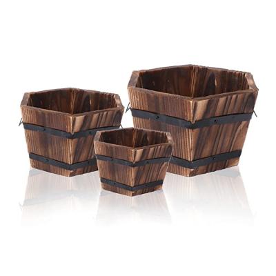 China Factory Outlet Stocked 3 Pieces Fashionable Wooden Planters Bucket Pots Hexagonal Boxes With Handle for sale