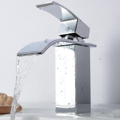 China Contemporary Single Handle Position Deck Mounted Hot And Cold Water Bathroom Basin Mixer Taps Hand Wash Waterfall Basin Faucet for sale