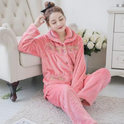 China QUICK DRY High Quality Ladies Winter Fleece Lap Down Collar Long Sleeves Warm Flannel Pajamas Women Set Deep for sale