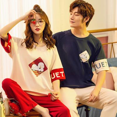 China QUICK DRY Cartoon Printed 2 Pcs/Set Cotton Pajamas Couple Suit Female Lover Causal Summer Shorts Sleeve Shorts Sleepwear for sale