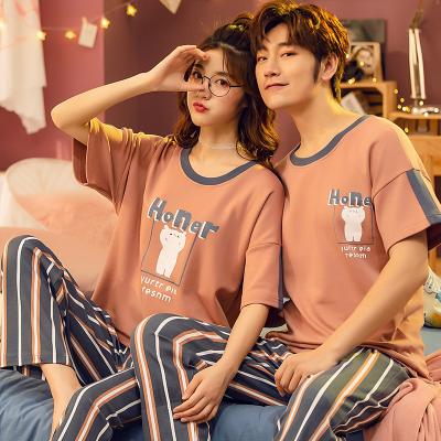 China QUICK DRY Cartoon Printed 2 Pcs/Set Cotton Pajamas Couple Cute Suit Female Lover Causal Summer Shorts Sleeve Shorts Sleepwear for sale