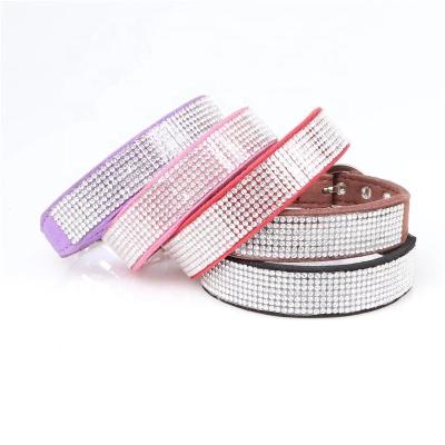 China Custom Leather Glitter Full Crystal Bling Rhinestone Pet Collars Fashion Design Luxury Soft Suede Glare for sale