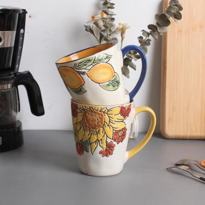 China New Viable Flower Bird Factory Hand Painted Embossed Ceramic Coffee Mugs Wholesale Custom Mugs for sale