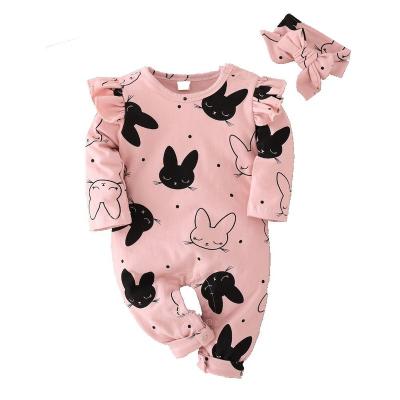 China New Design Breathable Babies Long Sleeve Baby Romper+ Headdress Flower Cotton Dressing Set Babies Pajamas Set for sale