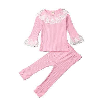 China Christmas Style Toddler Baby Spring Lace Ruffle Long Sleeve Top T-Shirt Pants 2Pcs Set for sale