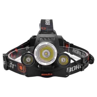 China Camping Boruit 3 led head 5000lm headlamp rj-5000 waterproof super bright dc rechargeable head lamp for sale