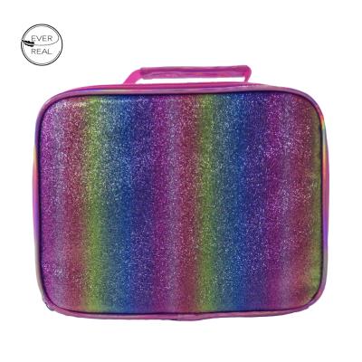 China Waterproof Custom Everreal Logo Holographic PU Insulated Cooler Bags Cute School Glitter Rainbow Lunch Bags For Kids Girls for sale