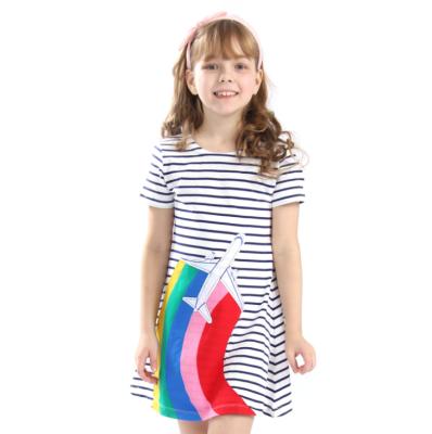 China Wholesale Washable Summer Kids Dresses Striped Kids Clothing Casual Cartoon Printed Dresses for sale