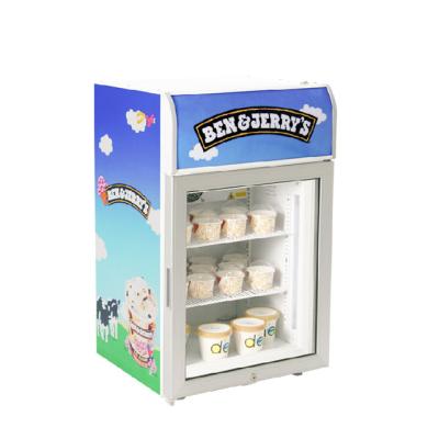 China 66L COMPRESSOR Worktop And Single Glass Door Ice Cream Display Freezer For Supermarket And Shop for sale