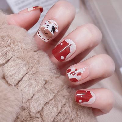 China Easy Apply SanLong Wholesale Short Nails 3D Strawberry Milk Cow Nails Cute Acrylic Press On Nail Set for sale