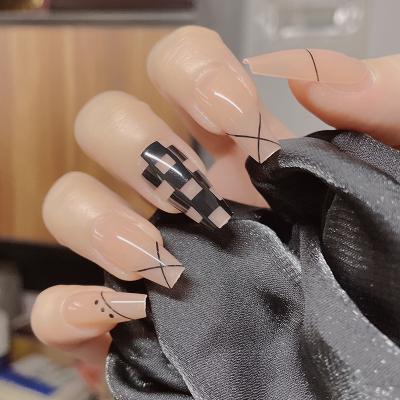 China Easy Apply Sanlong Wholesale Press On Nails Ballerina Medium Coffin Black And White Lattice Tip Nails Manicure Acrylic Stick On Nails for sale