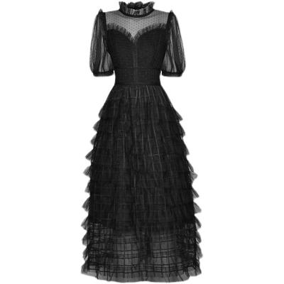 China High-End Affordable Luxury Retro Cake Dress Stand-up Collar Flared Sleeves Mesh Tulle Elegant Graceful High Waist Dress 2022 New for sale