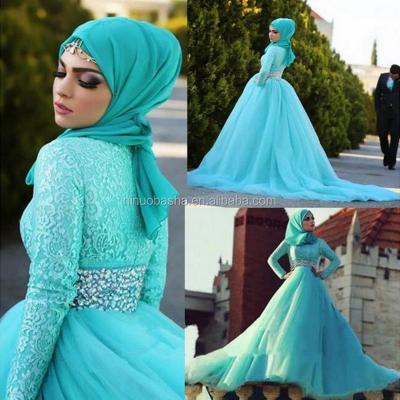 China NW1152 Muslim Mint Green Wedding Dresses Lace Appliques Long Sleeves Bridal Gowns for sale