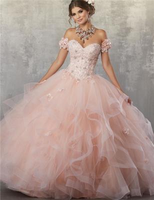 China Off The Shoulder Crystal Beads Coral Prom Ball Gown Quinceanera Dresses with Ruffles Flower Puffy Sweet 16 Dress NBW11 for sale