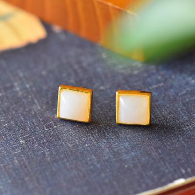 China Fashion Best Price Hotan Jade Square Simple White Jade Women's Earrings TRENDY Natural Antique Silver Craft Earrings S925 for sale