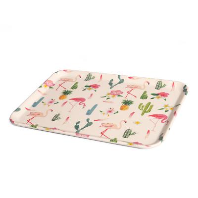 China Eco-Friendly Flamingo Melamine Fiber Breakfast Food Bamboo Biodegradable Bamboo Fruit Tea Hotel Place Rolling Serving Tray Tray for sale