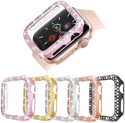 China Luxury Diamond Hard Double PC Protect Cover For Apple Watch Case Bling Bumper 40/44/38/42mm Watch Accessories For iWatch for sale