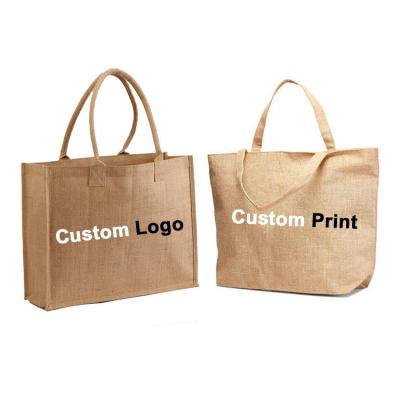 China Custom Handled Logo OEM Printed Nature Hessian Burlap Hemp Large Customer Buying Fabric Tote Bags for sale