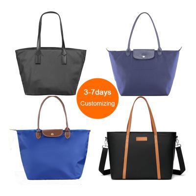 China Large Custom Made High Quality Nylon Handbag Woman Shoulder Nylon Tote With Leather Handle for sale