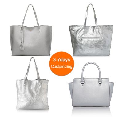 China Fashion Factory Direct Supply Custom PU Leather Tote Bag Silver Logo for sale