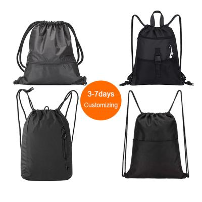 China Custom Logo Sports Bag Nylon 210D Anti-theft Polyester Drawstring Black Waterproof Backpack With Front Zipper Pocket for sale