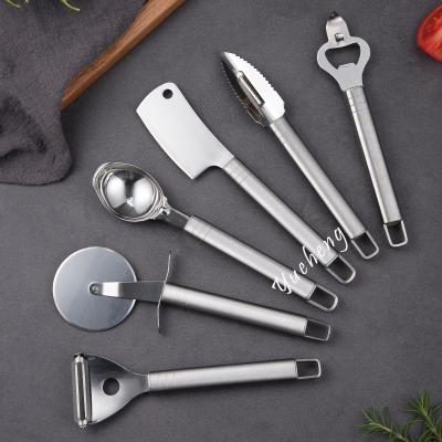 China Full Stainless steel 6 piece ktichen gadget set tools with tray ice-cream spoon peeler pizza cutter for sale