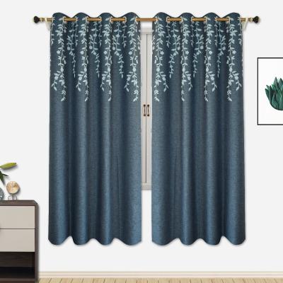 China Home Leaf Flower Embroidered Navy Shade Linen Curtain For Living Room And Bedroom Study Balcony for sale