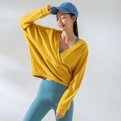 China Breathable Autumn Winter Women Hoodies Loose T-shirts Sports Pullover Deep V-Neck Long Sleeve Training Coat Tops for sale