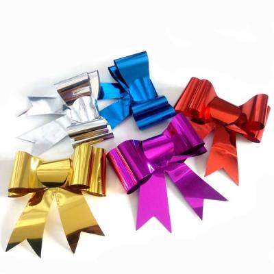 China Mini Small Pre Made Foil Ribbon Christmas Metallic Plastic Gift Box Wrapping Decorations Self Adhesive Stick Bow for sale