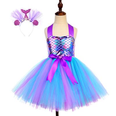 China Breathable Drop Shipping Pretty Mermaid Mesh Tutu Dress For Girls Scalky With Headband for sale