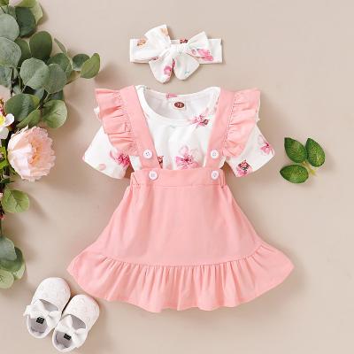 China Summer Short 0-12M Casual White Bodysuit Pink Sleeeves Ruffled Panties Headband 3PCS Floral Newborn Baby Girls Clothing Set Girls Dress for sale