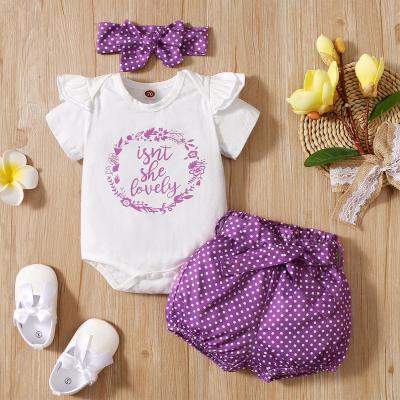 China 0-24M Summer Baby Romper Skirt Floral Headband 3pcs Short-Sleeve Cotton Top Sleeeves Sets for sale