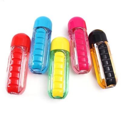 China Viable Multifunctional Portable Water Bottle With Pill Organizer 600ml Leakproof Plastic Water Bottle With Pill Box for sale