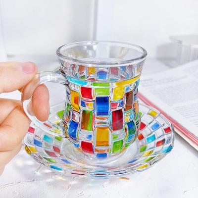 China Viable Colored Hand Drawn Painted Glass Coffee Cup Coffee Cup Saucer Set With Handle for sale