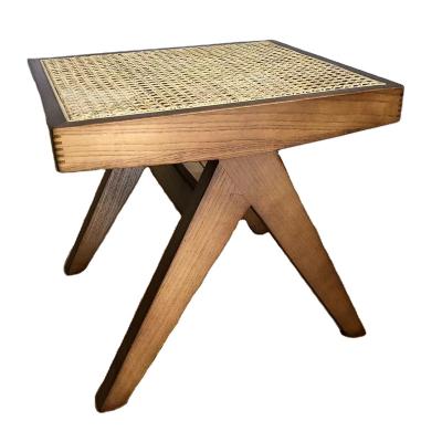 China Vintage Tufted Living Room Solid Wood Footstool With Natural Rattan Walnut Black Stool for sale