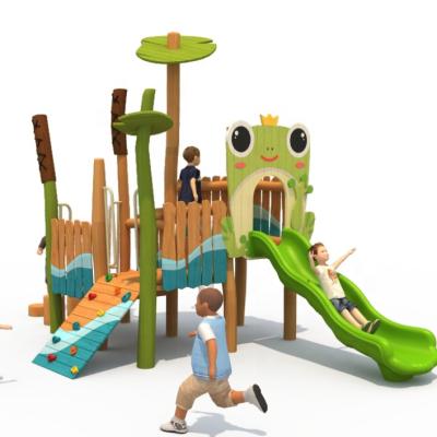 China Daycare Childcare Center Solid Wood Material Outdoor Play Structure Set Wooden Play House Playground With Climbing for Children à venda