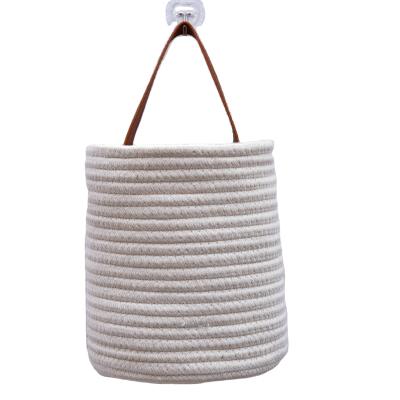 China Discount Price Cotton Minimalist Max Rope Hanging Basket With Single PU Handle for sale