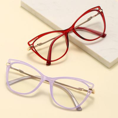 China 2022 New Arrival TR90 Lightweight Metal Frame Anti-blue Light Glasses Spring Fashion Cat Eye Flat Lens Cute Hinge Glasses for sale