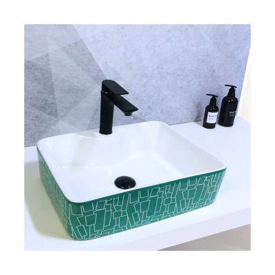 China Simple Design Square Pattern Green Glossy Modern Basin Bathroom Countertops Ceramic Basin For Hotel for sale