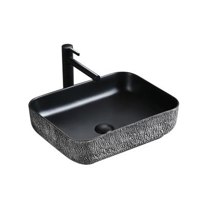 China Design Black Matte Rectangle Lavatory Bathroom Wash Basin Countertop Easy Clean Glazed Decorative Glazed Sink For Hotel for sale